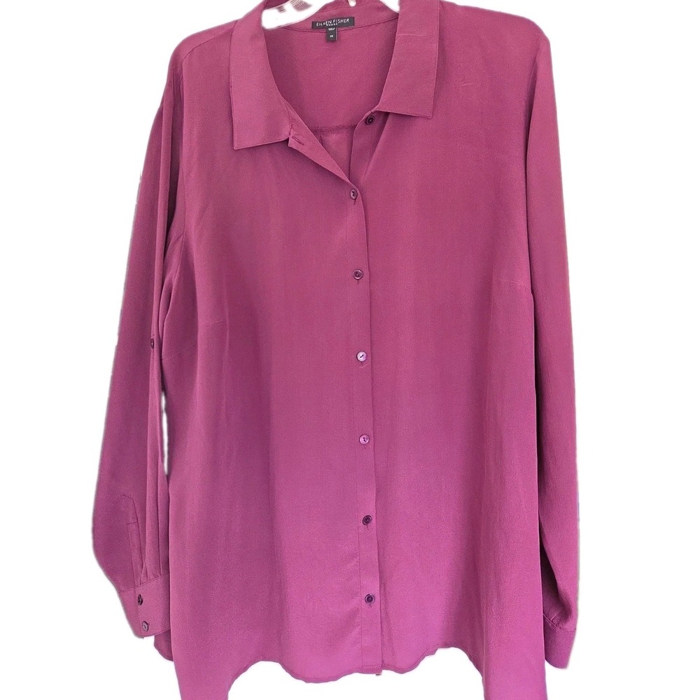 Eileen Fisher 100% Washable SilkShirt 1X Burgandy Button Down Office Wear